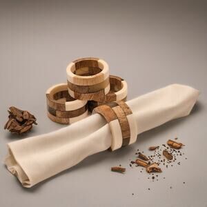 Wood Segments Napkin Rings Set of 4 Patchwork Design Elegant Dining Table Decor